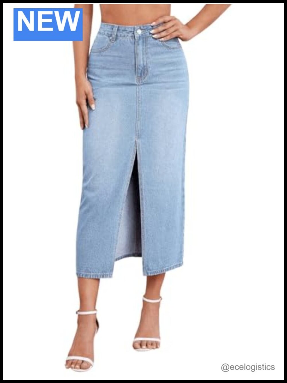 Women's A-Line Stretch Denim Midi Skirt with Center Slit, High Rise